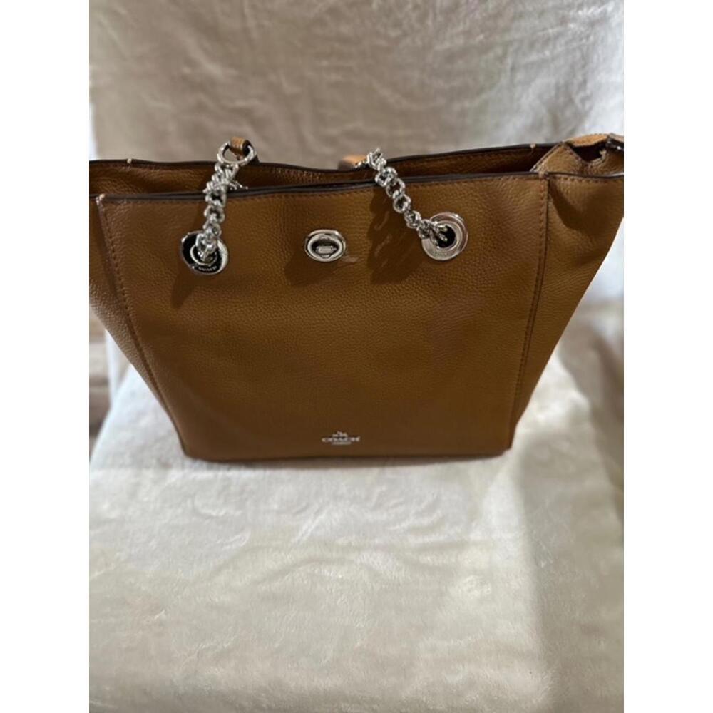 Coach Brown Leather Tote Bag with Silver Chain Handles